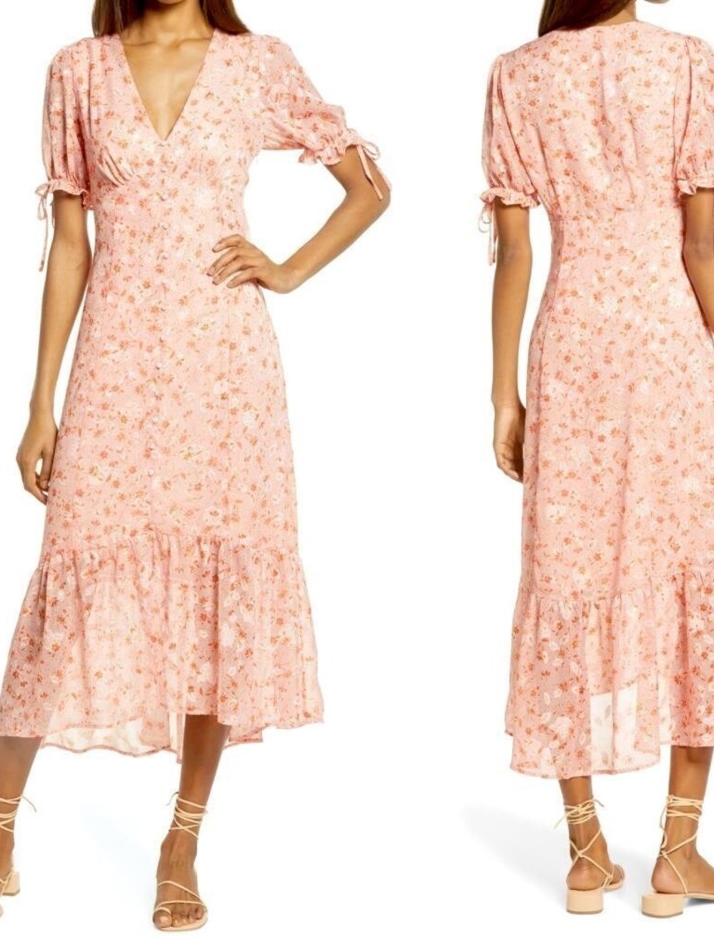 NEW Chelsea28 CORAL Floral TIE SLEEVE Ruffle Hem MIDI DRESS S